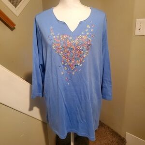 Quacker Factory 3/4 Sleeve Embroidered Hearts Medium Blue Top 2X